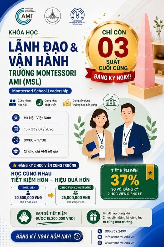 Ba suất cuối cùng của khóa Montessori School Leadership AMI
